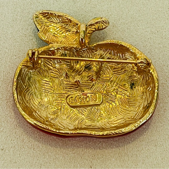 Signed Saxon Red Tomato Enamel Brooch with Crystal Accents - Picture 4 of 4